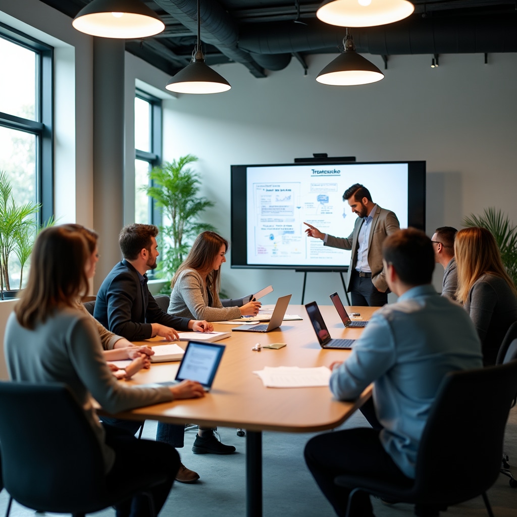 Training session in a modern classroom setting with participants analyzing real estate documents