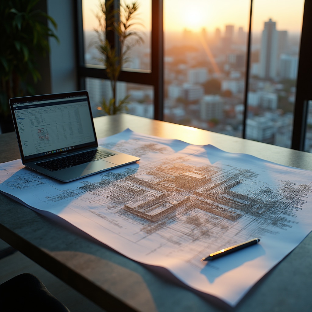 Real estate project analysis — documents and architectural plans on a desk