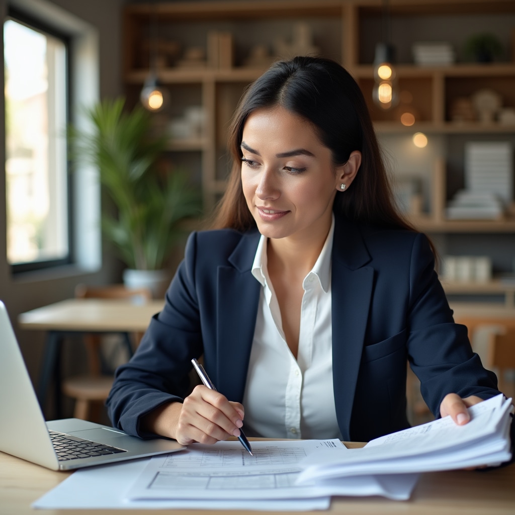 Private investor carefully reviewing real estate project documents at a desk